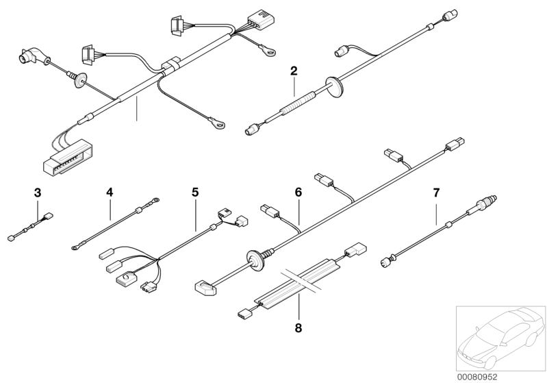 Bildtafel Diverse Zusatzkabelsätze für die BMW 5er Modelle  Original BMW Ersatzteile aus dem elektronischen Teilekatalog (ETK) für BMW Kraftfahrzeuge( Auto)    Antennenkabel Telestart Standheizung, Kabelbaum Mittelarmlehne, Kabelbaum PDC hinten, Kabelsatz