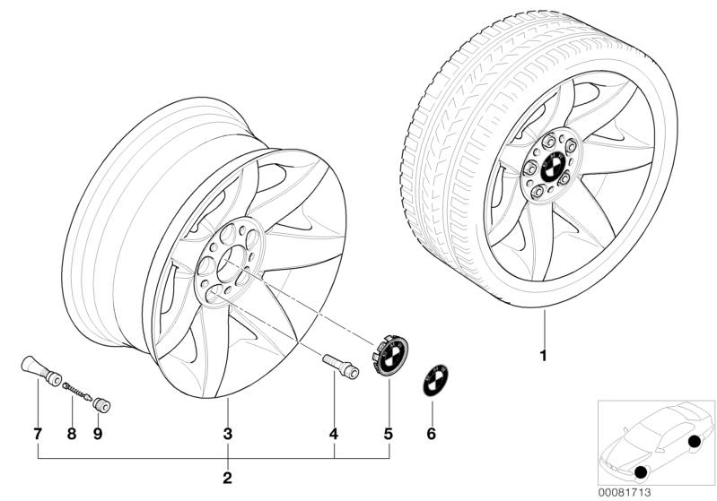 Bildtafel BMW LM Rad Sternspeiche 81 für die BMW 5er Modelle  Original BMW Ersatzteile aus dem elektronischen Teilekatalog (ETK) für BMW Kraftfahrzeuge( Auto)    Nabenabdeckung mit Chromrand, Radschraube Schwarz, Scheibenrad Leichtmetall, Schraubventil RD