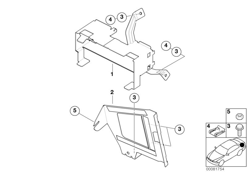 Picture board navigation system fittings for the BMW 3 Series models  Original BMW spare parts from the electronic parts catalog (ETK) for BMW motor vehicles (car)   Body nut, BRACKET F ON BORD MONITOR RADIO, Hex Bolt, Hex nut, Support bracket, navigation