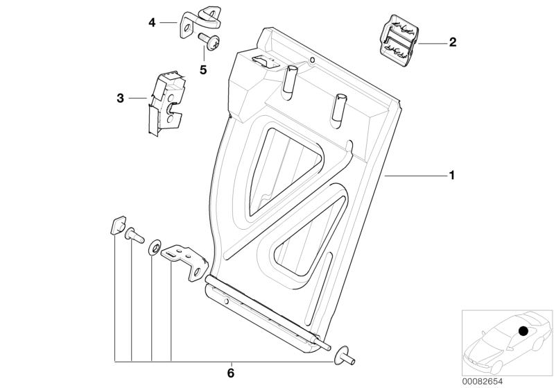 Bildtafel Sitz hinten Sitzrahmen rechts für die BMW 3er Modelle  Original BMW Ersatzteile aus dem elektronischen Teilekatalog (ETK) für BMW Kraftfahrzeuge( Auto)    Abdeckung Aufnahme Rollo, Befestigungssatz, Haltebügel, Rahmen Rückenlehne rechts, Schloss