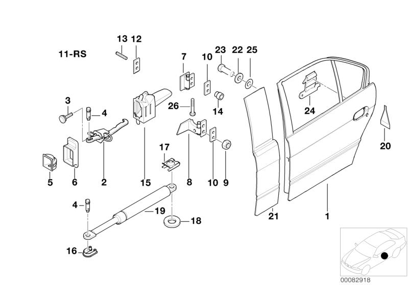 Picture board Rear door - hinge/door brake for the BMW 5 Series models  Original BMW spare parts from the electronic parts catalog (ETK) for BMW motor vehicles (car)   Cover, Covering right, Door, rear left, Gasket, door brake, Hex Bolt, Hex nut, Hinge, r