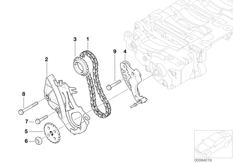 Picture board Oil pump and compensating shaft drive for the BMW 3 Series models  Original BMW spare parts from the electronic parts catalog (ETK) for BMW motor vehicles (car)   Chain, Chain tensioner, Guide rail, Hex Bolt with washer, Hex nut, Sprocket