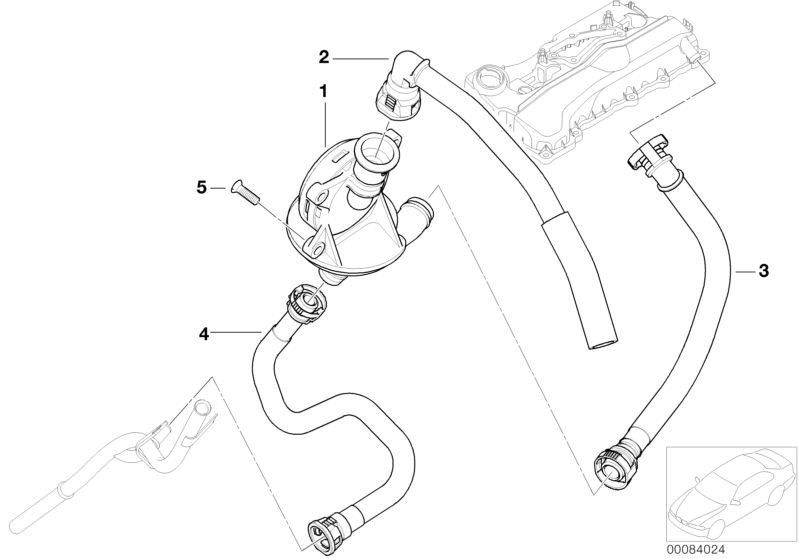 Picture board Crankcase-Ventilation/oil separator for the BMW 3 Series models  Original BMW spare parts from the electronic parts catalog (ETK) for BMW motor vehicles (car)   Connecting line, Oil separator, Return pipe, Screw, Vent hose