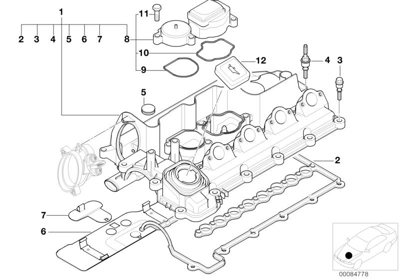 Illustration du Couvre culasse pour les BMW 5 Série Modèles  Pièces de rechange d'origine BMW du catalogue de pièces électroniques (ETK) pour véhicules automobiles BMW (voiture)   ASA-Bolt, Blind plug, Breather, Cover lid, Cylinder head cover, HEAT PROTEC