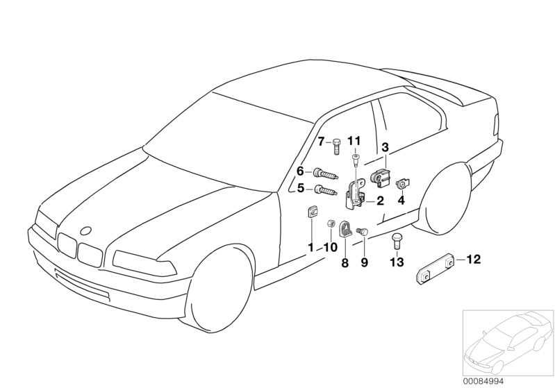 Bildtafel Türfenstermechanismus vorn für die BMW Classic Teile  Original BMW Ersatzteile aus dem elektronischen Teilekatalog (ETK) für BMW Kraftfahrzeuge( Auto)    Anschlag, Gewindeplatte, Halteblech, Halter links, Halter rechts, Sechskantschraube, Sechsk