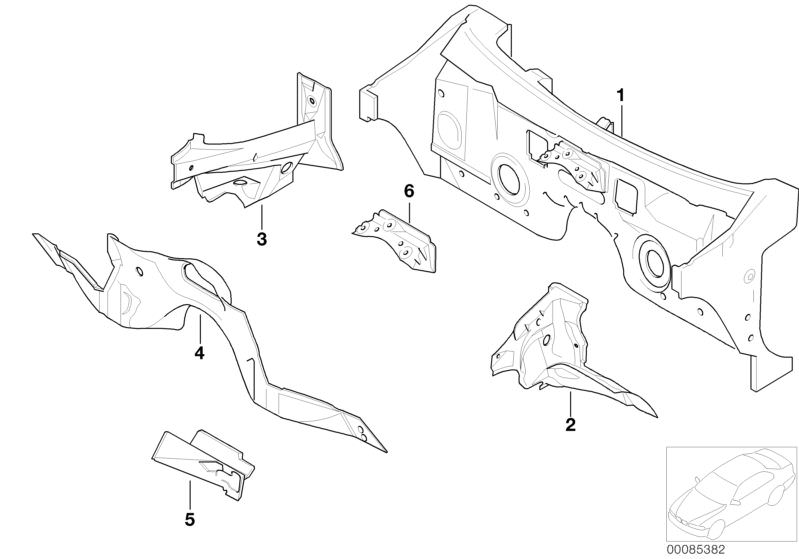 Picture board SPLASH WALL PARTS for the BMW 7 Series models  Original BMW spare parts from the electronic parts catalog (ETK) for BMW motor vehicles (car)   CONNECTION PLATE RIGHT, Mount, wiper system, SPLASH WALL, Wheel-house inner panel, rear left, Whee