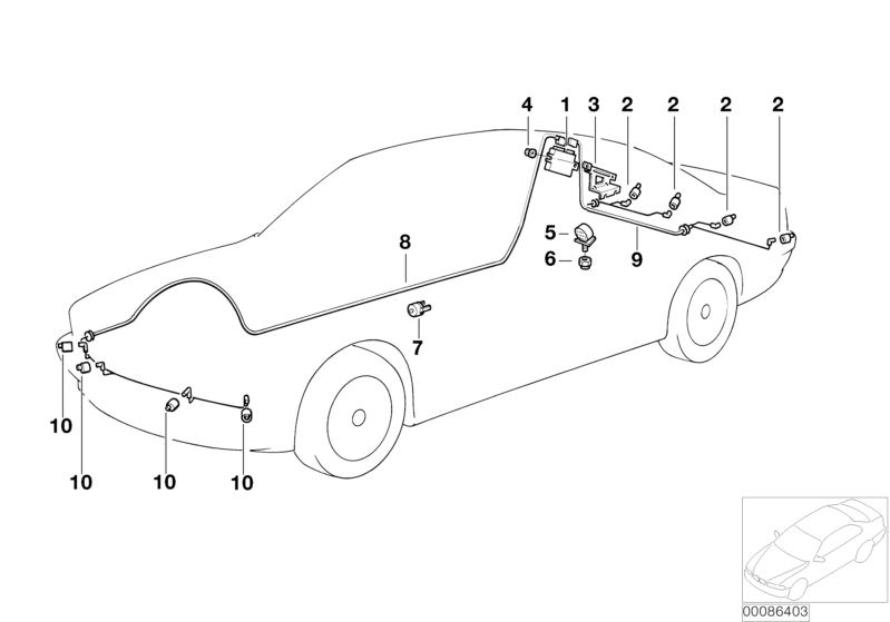 Picture board Park Distance Control (PDC) for the BMW 5 Series models  Original BMW spare parts from the electronic parts catalog (ETK) for BMW motor vehicles (car)   Bracket control unit PDC, Cable set, active PDC, Control unit PDC, Expanding rivet, Hex 