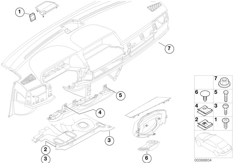 Picture board Mounting parts, instrument panel for the BMW 7 Series models  Original BMW spare parts from the electronic parts catalog (ETK) for BMW motor vehicles (car)   Body nut, C-clip sheet metal nut, Fillister head screw, Fixing clamp, ISA screw, Sc