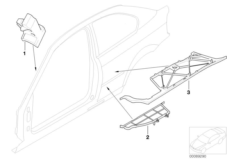 Bildtafel Hohlraumabschottungen Seitenrahmen für die BMW 3er Modelle  Original BMW Ersatzteile aus dem elektronischen Teilekatalog (ETK) für BMW Kraftfahrzeuge( Auto)    Formteil A-Säule, Formteil Einstieg hinten links, Formteil Seitenwand/B-Säule