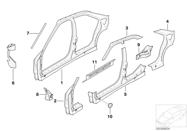 Bildtafel Seitengerippe für die BMW Classic Teile  Original BMW Ersatzteile aus dem elektronischen Teilekatalog (ETK) für BMW Kraftfahrzeuge( Auto)    A-Säule aussen links, B-Säule mit Einstieg rechts, C-Säule aussen rechts, Dachrahmen rechts, Drehverschl