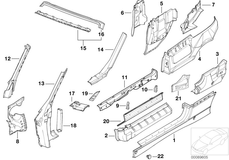 Picture board SINGLE COMPONENTS FOR BODY-SIDE FRAME for the BMW Classic parts  Original BMW spare parts from the electronic parts catalog (ETK) for BMW motor vehicles (car)   Column A exterior, right, COLUMN CENTER RIGHT, CONNECT.PLATE F.LEFT SIDE PANEL F