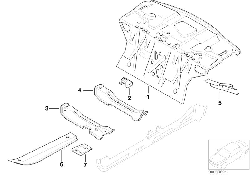Picture board Partition trunk for the BMW 7 Series models  Original BMW spare parts from the electronic parts catalog (ETK) for BMW motor vehicles (car)   COVERING PLATE LEFT, LEFT FRONT SEAT CONSOLE, Partition trunk, Reinforcement, engine support, top ri