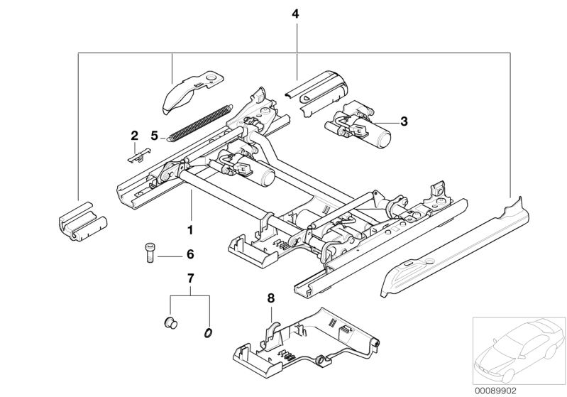 Illustration du FRONT SEAT RAIL ELECTRICAL/SINGLE PARTS pour les BMW 5 Série Modèles  Pièces de rechange d'origine BMW du catalogue de pièces électroniques (ETK) pour véhicules automobiles BMW (voiture)   BRACKET SET F PLUGS, Bush bearing set, Cover, DRIV