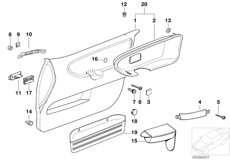 Picture board Door trim panel, front for the BMW Classic parts  Original BMW spare parts from the electronic parts catalog (ETK) for BMW motor vehicles (car)   BAR RIGHT, Body nut, Bush, Cap, Cap door lining, Circlip, Clamp, Coinbox, Door pocket, right, D