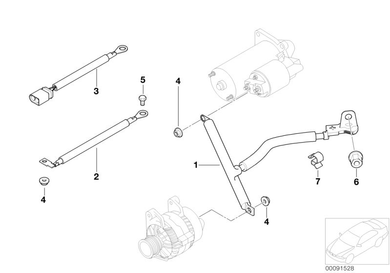 Bildtafel Batteriekabel / Anlasserkabel für die BMW 5er Modelle  Original BMW Ersatzteile aus dem elektronischen Teilekatalog (ETK) für BMW Kraftfahrzeuge( Auto)    Hutmutter, Kabel Generator-Anlasser-Stützpunkt B+, Kabelbaum Motor Motormodul, Kabelklemme