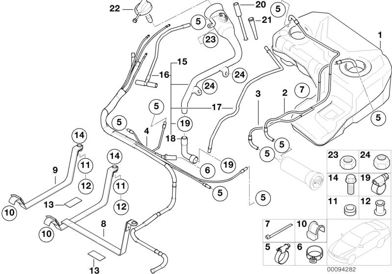 Illustration du FUEL TANK/ATTACHING PARTS pour les BMW X Série Modèles  Pièces de rechange d'origine BMW du catalogue de pièces électroniques (ETK) pour véhicules automobiles BMW (voiture)   Cable tie, Damper rubber, Distance rubber, Drain grommet, Filler