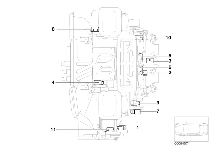 Picture board Actuator for automatic air condition for the BMW 7 Series models  Original BMW spare parts from the electronic parts catalog (ETK) for BMW motor vehicles (car)   Actuator air recycling flap, Actuator for fresh air flap, Actuator, left cold a