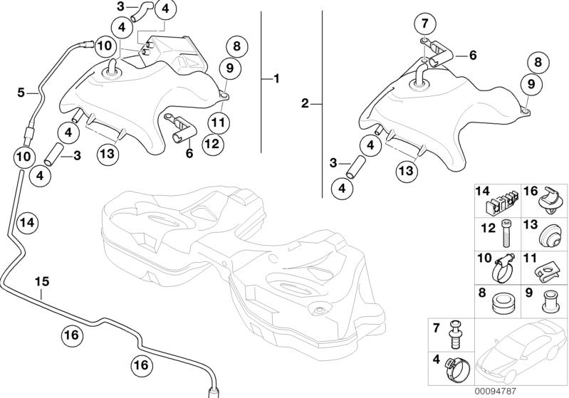 Picture board EXP.TANK/ACTIVATED CARBON CONTAINER for the BMW 7 Series models  Original BMW spare parts from the electronic parts catalog (ETK) for BMW motor vehicles (car)   Clip, Clip nut, Connection pipe, Expanding rivet, Expansion tank, Expansion tank