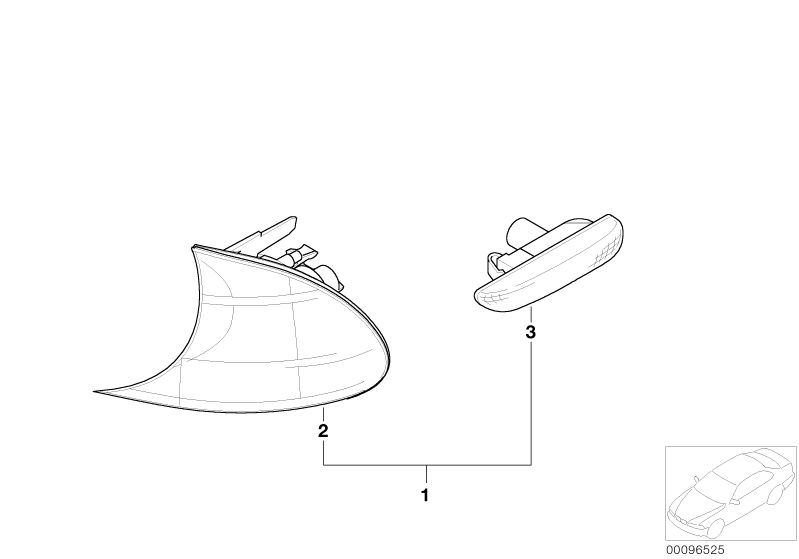 Illustration du Clignotant avant/latéral pour les BMW 3 Série Modèles  Pièces de rechange d'origine BMW du catalogue de pièces électroniques (ETK) pour véhicules automobiles BMW (voiture)   Addit. turn indicator lamp, left white