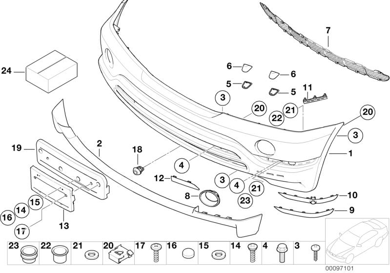 Picture board Trim panel, front I for the BMW X Series models  Original BMW spare parts from the electronic parts catalog (ETK) for BMW motor vehicles (car)   CAGE NUT, Cover lateral right, Cover, fog lamp, right, Covering cap, Covering right, Flap, towin