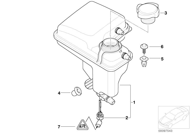 Picture board Cooling water expansion tank for the BMW 7 Series models  Original BMW spare parts from the electronic parts catalog (ETK) for BMW motor vehicles (car)   Cooling water expansion tank, Expanding nut, Grommet, Level switch, coolant, Radiator c