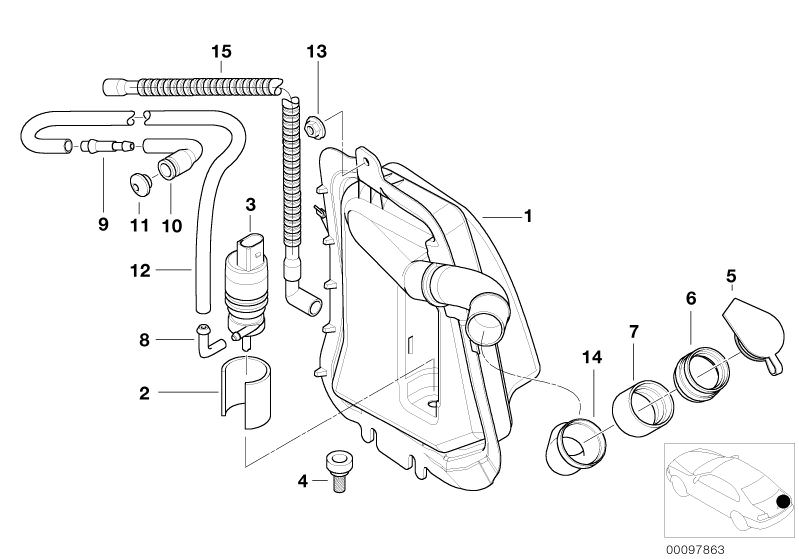 Illustration du SINGLE PARTS FOR REAR WINDOW CLEANING pour les BMW 3 Série Modèles  Pièces de rechange d'origine BMW du catalogue de pièces électroniques (ETK) pour véhicules automobiles BMW (voiture)   BOTTOM COVER, CENTER COVER, Filler neck, Hex nut, Ho