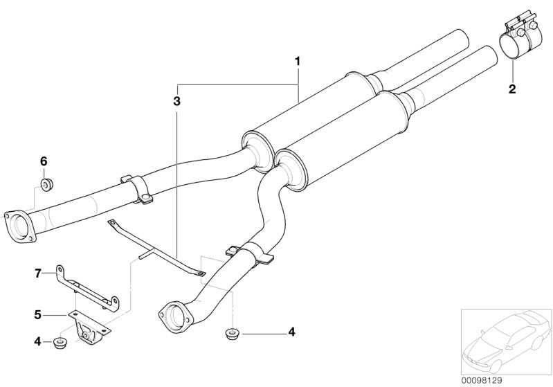 Illustration du FRONT SILENCER pour les BMW 7 Série Modèles  Pièces de rechange d'origine BMW du catalogue de pièces électroniques (ETK) pour véhicules automobiles BMW (voiture)   Bracket, CLAMPING BUSH, Collar nut, Cross brace, Exhaust pipes with primary