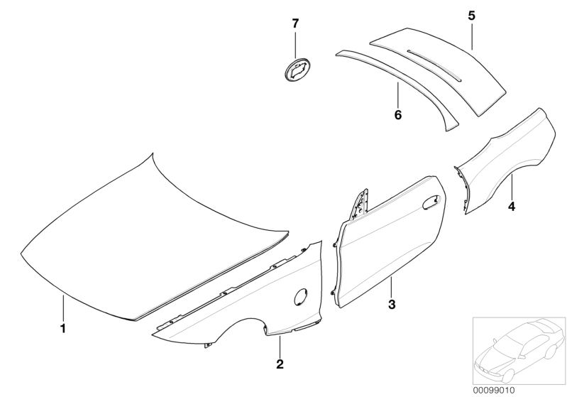 Picture board OUTER PANEL for the BMW Z Series models  Original BMW spare parts from the electronic parts catalog (ETK) for BMW motor vehicles (car)   COVER OF REAR WINDOW FRAME BOTTOM PART, Door, front, right, FILL-IN FLAP, Hood, RIGHT REAR SIDE PANEL, S