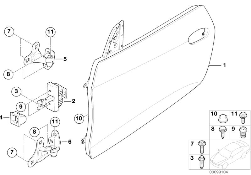 Picture board FRONT DOOR-HINGE/DOOR BRAKE for the BMW Z Series models  Original BMW spare parts from the electronic parts catalog (ETK) for BMW motor vehicles (car)   DOOR BRAKE, Door front left, Door hinge, bottom right, Door hinge, top left, Door stop s