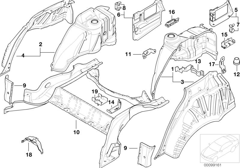 Picture board REAR WHEELHOUSE/FLOOR PARTS for the BMW 5 Series models  Original BMW spare parts from the electronic parts catalog (ETK) for BMW motor vehicles (car)   Bracket f left rear lateral bumper, Bracket f right rear lateral bumper, Bracket f shift