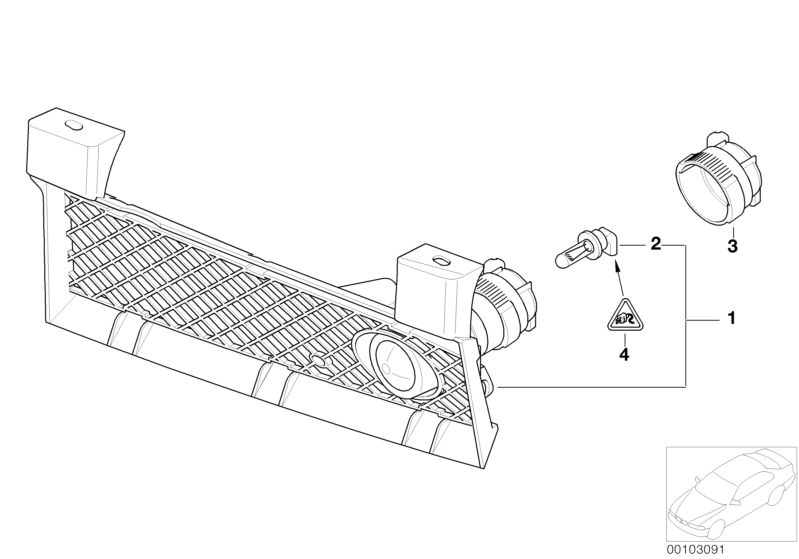 Illustration du Phare anti-brouillard M-Technik pour les BMW 3 Série Modèles  Pièces de rechange d'origine BMW du catalogue de pièces électroniques (ETK) pour véhicules automobiles BMW (voiture)   Bulb, Cover with fog lamp left, Covering cap, fog lamp, Un
