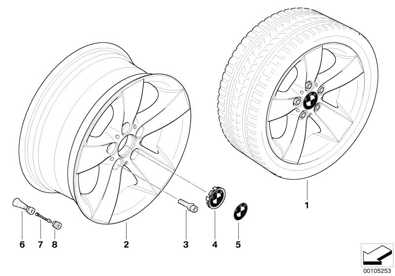 Bildtafel BMW LM Rad Sternspeiche 105 für die BMW Z Modelle  Original BMW Ersatzteile aus dem elektronischen Teilekatalog (ETK) für BMW Kraftfahrzeuge( Auto)    Gummiventil, Nabenabdeckung mit Chromrand, Radschraube Schwarz, Scheibenrad Leichtmetall, Vent