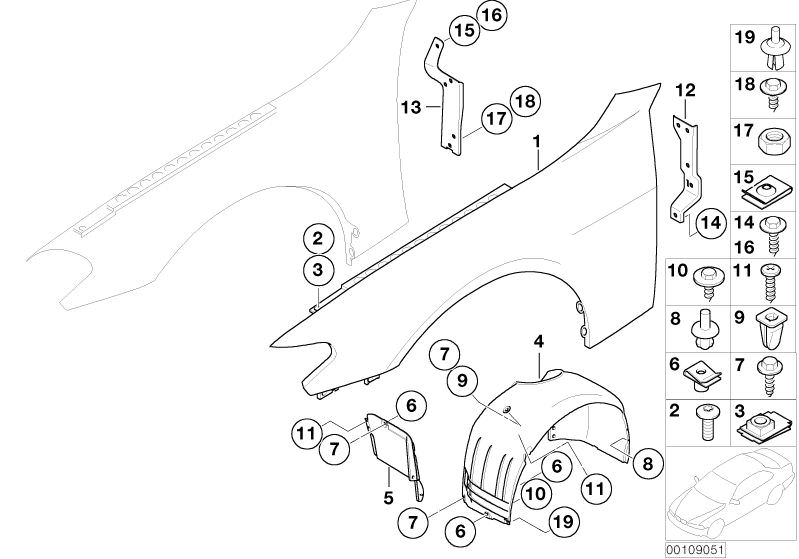 Bildtafel Seitenwand vorn für die BMW 7er Modelle  Original BMW Ersatzteile aus dem elektronischen Teilekatalog (ETK) für BMW Kraftfahrzeuge( Auto)    Abdeckung Radhaus vorne rechts, Blechmutter, C-Clip Mutter, Halter Abdeckung Radhaus vorne rechts, Halte