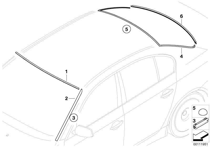 Picture board Glazing, mounting parts for the BMW 5 Series models  Original BMW spare parts from the electronic parts catalog (ETK) for BMW motor vehicles (car)   Clip, Cover, windshield, Drip moulding, right, Rear window cover, Rear window cover, bottom,