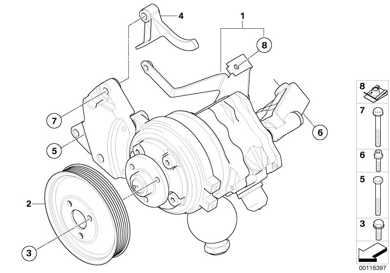 Picture board Power steering pump/Dynamic Drive for the BMW 7 Series models  Original BMW spare parts from the electronic parts catalog (ETK) for BMW motor vehicles (car)   Clip nut, Fillister head with washer, Hex Bolt, Hex Bolt with washer, Pulley, Supp