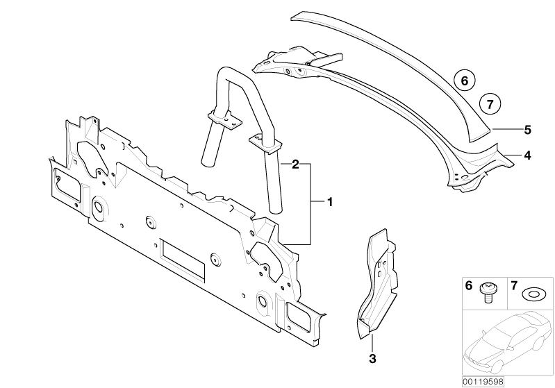 Picture board Partition trunk for the BMW Z Series models  Original BMW spare parts from the electronic parts catalog (ETK) for BMW motor vehicles (car)   COVER OF REAR WINDOW FRAME BOTTOM PART, EXTERIOR RIGHT HOOD COMPARTMENT PANEL, Partition trunk, REAR