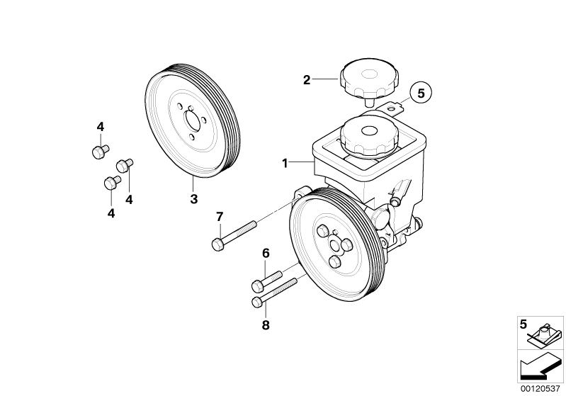 Picture board Power steering pump for the BMW 7 Series models  Original BMW spare parts from the electronic parts catalog (ETK) for BMW motor vehicles (car)   Clip nut, Cover, Hex Bolt with washer, Power steering pump, Pulley