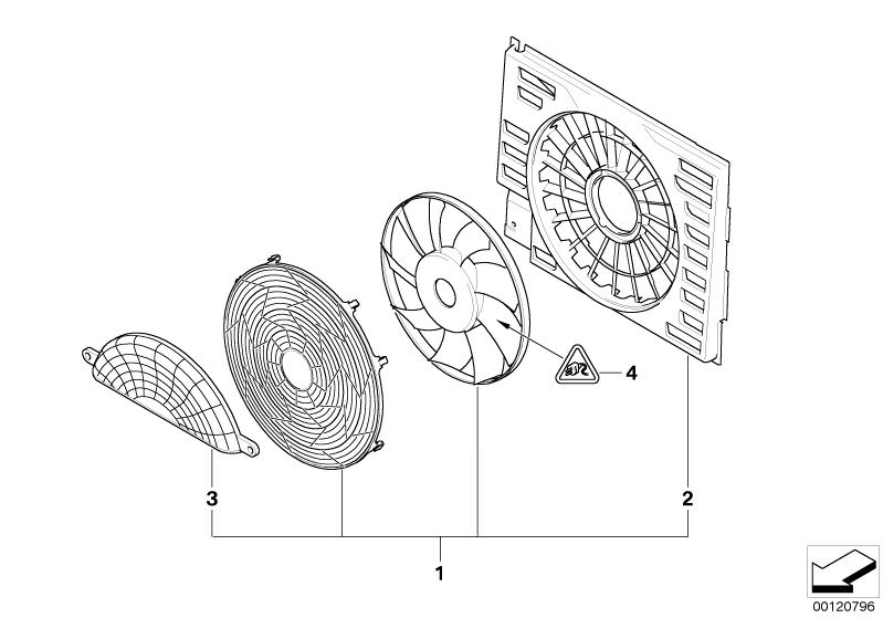 Picture board Pusher fan for the BMW 7 Series models  Original BMW spare parts from the electronic parts catalog (ETK) for BMW motor vehicles (car)   Compression shroud, Compression shroud with fan, PROTECTION GRID F ADDITIONAL FAN, Socket housing