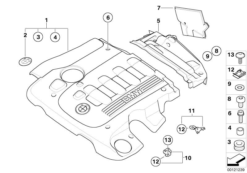 Illustration du Acoustique moteur pour les BMW 3 Série Modèles  Pièces de rechange d'origine BMW du catalogue de pièces électroniques (ETK) pour véhicules automobiles BMW (voiture)   Acoustic cover rear, BMW emblem, Bracket for acoustic cover, Bush, Clip 