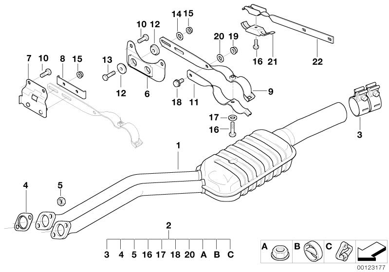 Bildtafel Katalysator/Vorschalldämpfer für die BMW Z Modelle  Original BMW Ersatzteile aus dem elektronischen Teilekatalog (ETK) für BMW Kraftfahrzeuge( Auto)    Flachdichtung, Gelenkbuchse, Halteblech, Satz Anbauteile Schalldämpfer, Schelle, Schelle unte