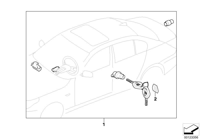 Illustration du Clefs identiques pour les BMW 5 Série Modèles  Pièces de rechange d'origine BMW du catalogue de pièces électroniques (ETK) pour véhicules automobiles BMW (voiture)   Set uniform lock.syst. w/CAS cntrl(code)