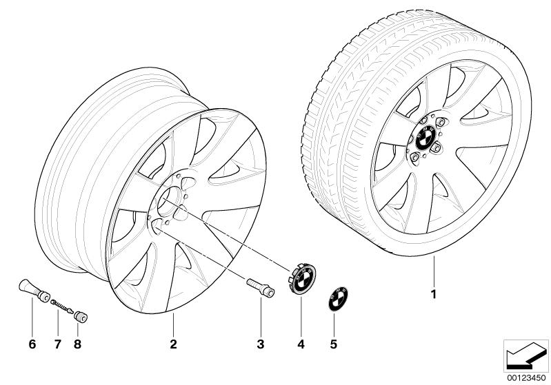 Picture board BMW LA wheel, star spoke 123 for the BMW 5 Series models  Original BMW spare parts from the electronic parts catalog (ETK) for BMW motor vehicles (car)   Hub cap with chrome edge, Light alloy rim, Rubber valve, Valve, Valve caps, Wheel bolt 