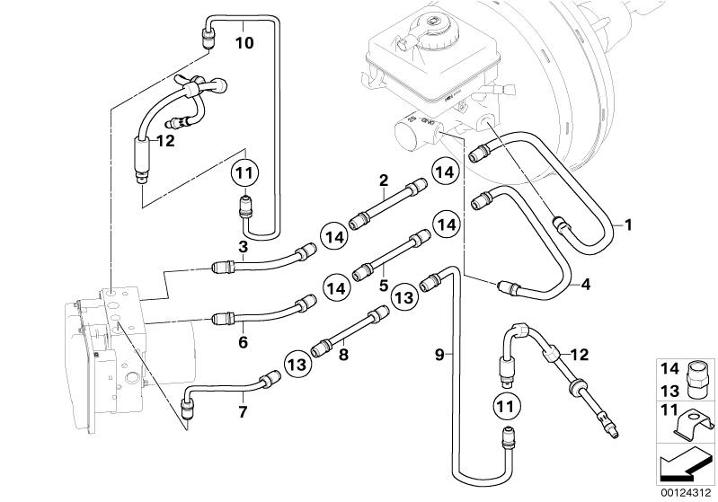 Illustration du Tuyau de frein avant pour les BMW 5 Série Modèles  Pièces de rechange d'origine BMW du catalogue de pièces électroniques (ETK) pour véhicules automobiles BMW (voiture)   Brake hose front, Clip, Intermediate piece, Pipe