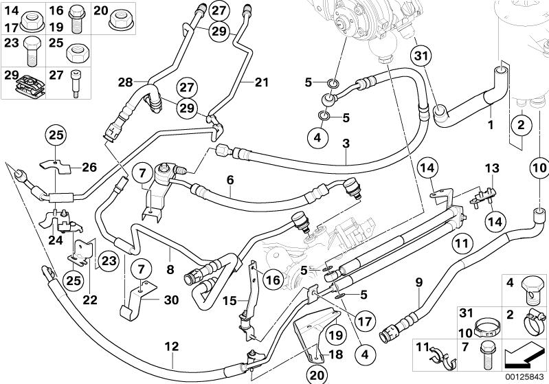 Picture board Power steering/oil pipe/dynamic drive for the BMW 7 Series models  Original BMW spare parts from the electronic parts catalog (ETK) for BMW motor vehicles (car)   Bracket cover with rubber mount, Bracket f expansion hose, Bracket for oil pan