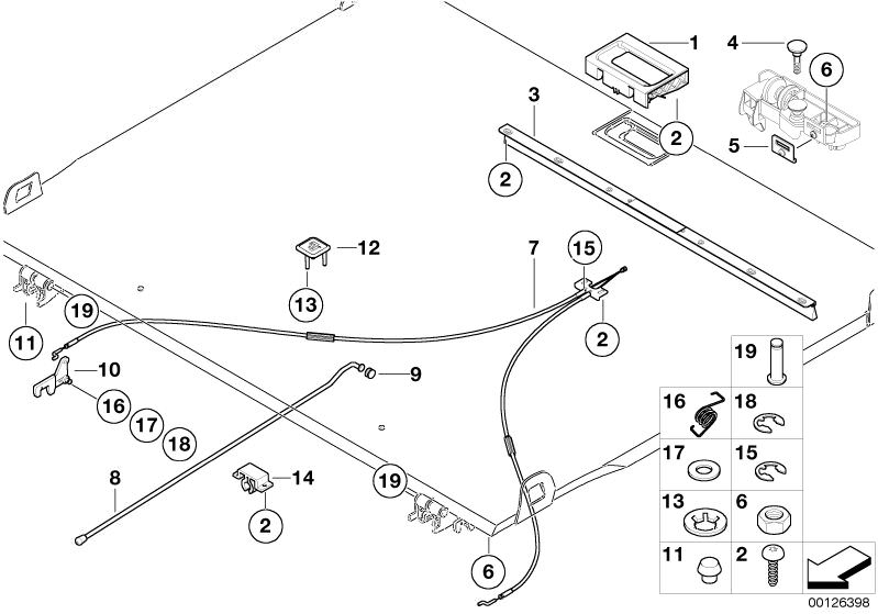 Bildtafel Einzelteile Ladeboden ausziehbar für die BMW X Modelle  Original BMW Ersatzteile aus dem elektronischen Teilekatalog (ETK) für BMW Kraftfahrzeuge( Auto)    Abstützstange Ladeboden, Achse, Anschlagpuffer, Bowdenzug Ladeboden, Crashlasche Ladebode