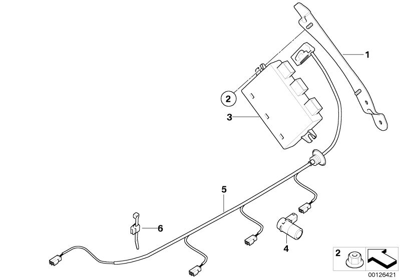 Picture board Park Distance Control (PDC) for the BMW Z Series models  Original BMW spare parts from the electronic parts catalog (ETK) for BMW motor vehicles (car)   Bracket control unit PDC, Cable strap with bracket, Control unit, active PDC, Plastic nu