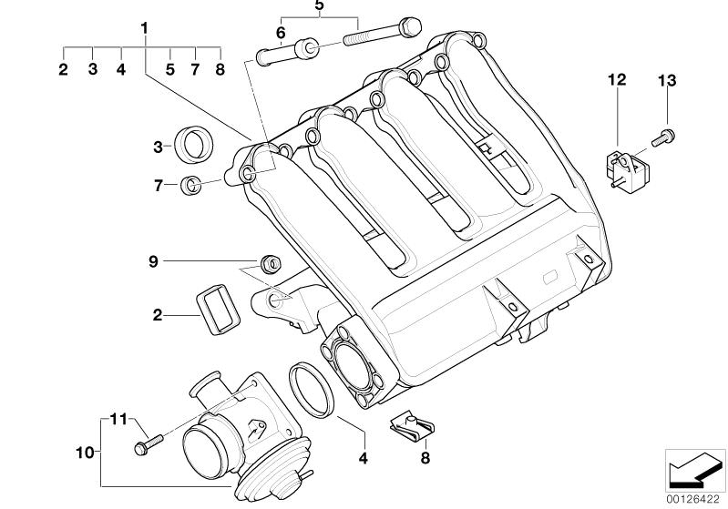 Picture board Intake manifold AGR without flap control for the BMW 3 Series models  Original BMW spare parts from the electronic parts catalog (ETK) for BMW motor vehicles (car)   backup ring, Clip nut, EGR-VALVE, Fastening elements, Flange nut, FUEL INJE