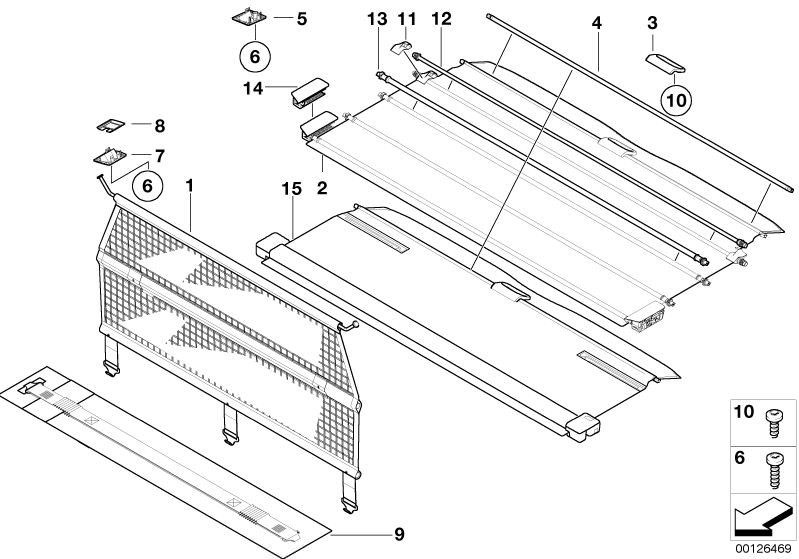 Picture board Roller screen/load area roller net for the BMW X Series models  Original BMW spare parts from the electronic parts catalog (ETK) for BMW motor vehicles (car)   Bracket, right, Cover, Fillister head screw, Fillister head self-tapping screw, H