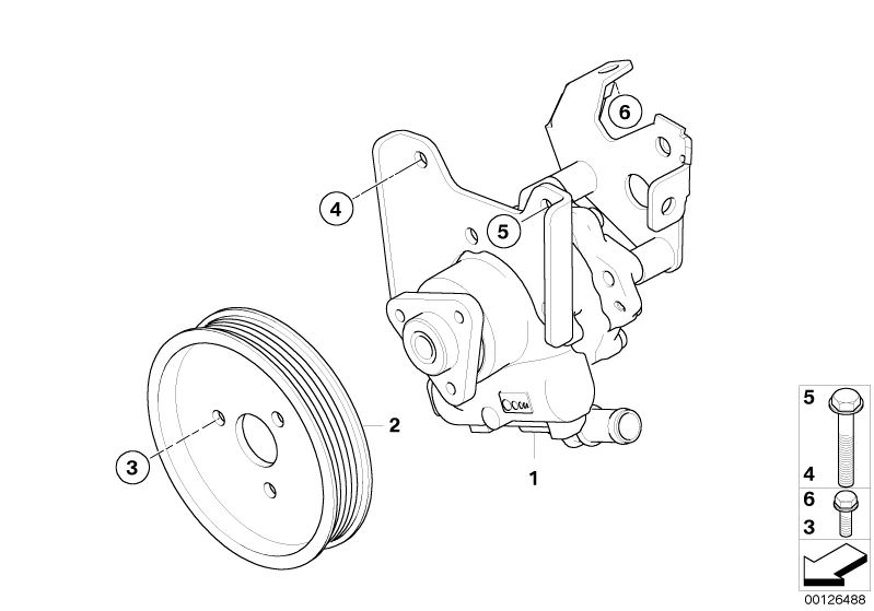 Picture board Power steering pump for the BMW 7 Series models  Original BMW spare parts from the electronic parts catalog (ETK) for BMW motor vehicles (car)   Hex Bolt with washer, Power steering pump, Pulley