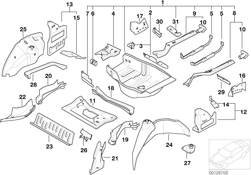 Picture board FLOOR PANEL TRUNK/WHEEL HOUSING REAR for the BMW 7 Series models  Original BMW spare parts from the electronic parts catalog (ETK) for BMW motor vehicles (car)   Battery tray, Closing plate, luggage compart.floor, Closing plate, rear lights 